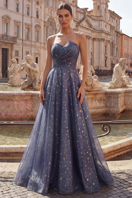 Dusty Blue Long Strapless Ruched A Line Glitter Prom Dress