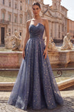Dusty Blue Long Strapless Ruched A Line Glitter Prom Dress