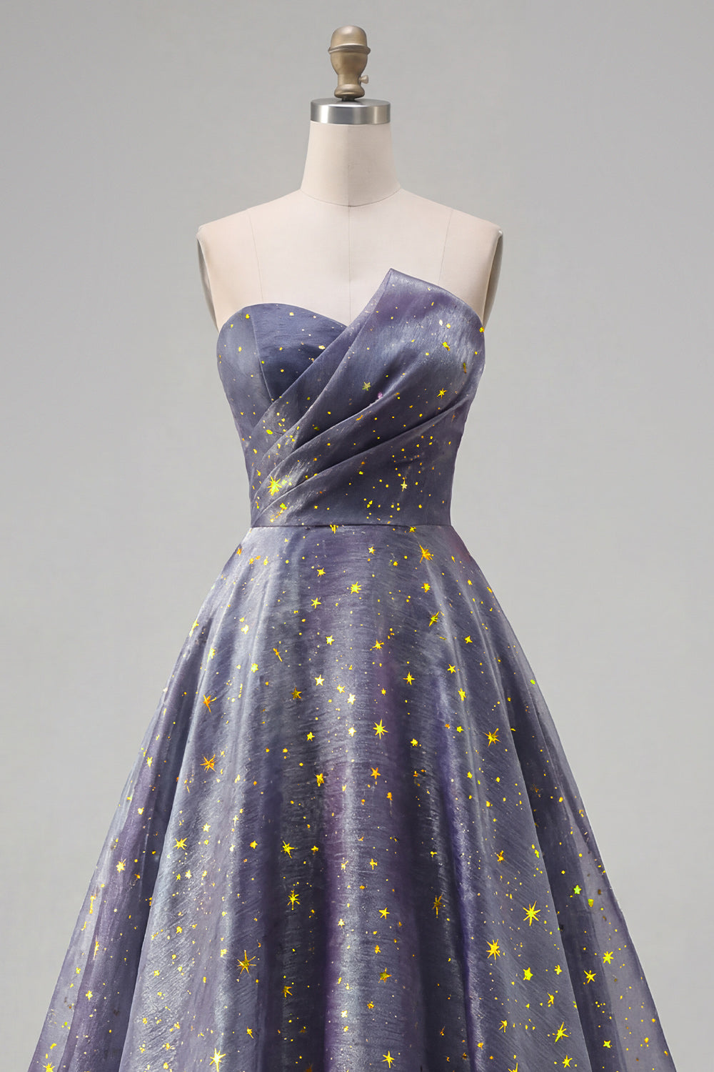 Dusty Blue Long Strapless Ruched A Line Glitter Prom Dress