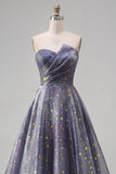 Dusty Blue Long Strapless Ruched A Line Glitter Prom Dress