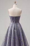 Dusty Blue Long Strapless Ruched A Line Glitter Prom Dress