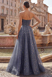 Dusty Blue Long Strapless Ruched A Line Glitter Prom Dress