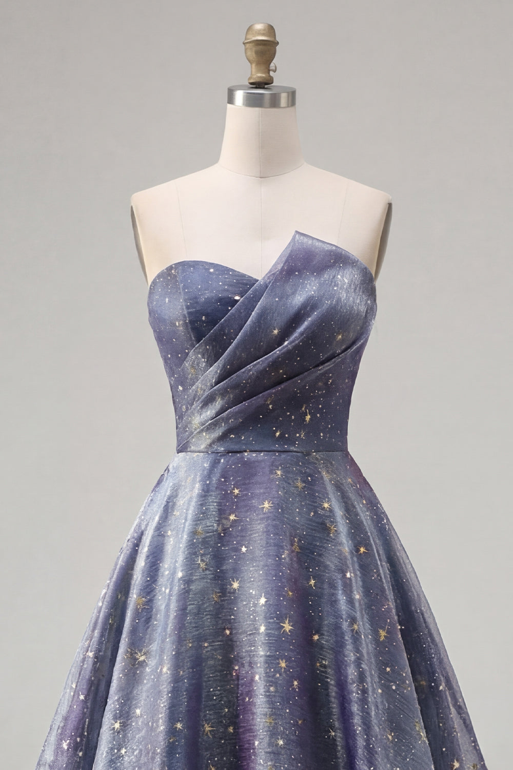 Dusty Blue Long Strapless Ruched A Line Glitter Prom Dress
