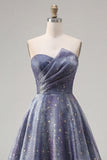 Dusty Blue Long Strapless Ruched A Line Glitter Prom Dress