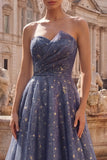 Dusty Blue Long Strapless Ruched A Line Glitter Prom Dress