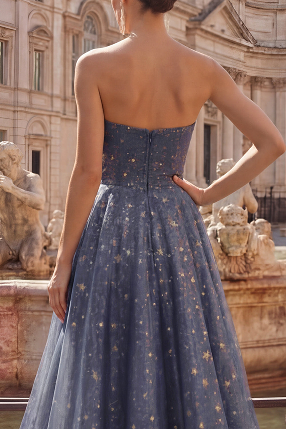 Dusty Blue Long Strapless Ruched A Line Glitter Prom Dress