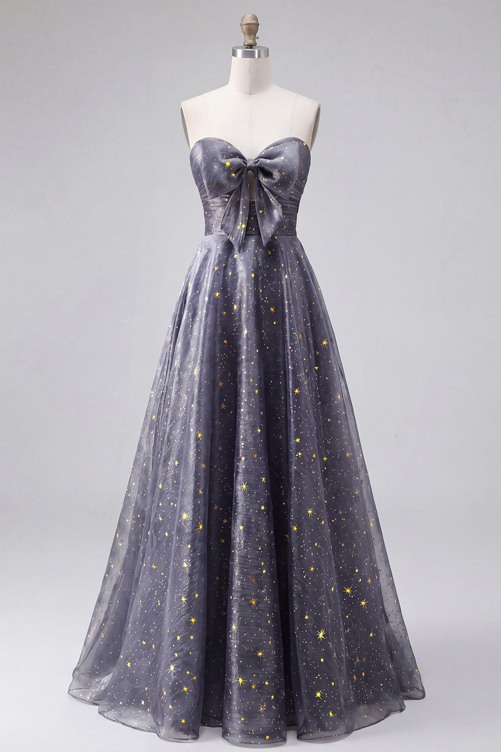 Strapless A Line Dusty Blue Long Glitter Prom Dress with Bow
