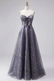 Strapless A Line Dusty Blue Long Glitter Prom Dress with Bow