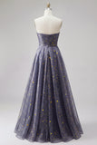 Strapless A Line Dusty Blue Long Glitter Prom Dress with Bow