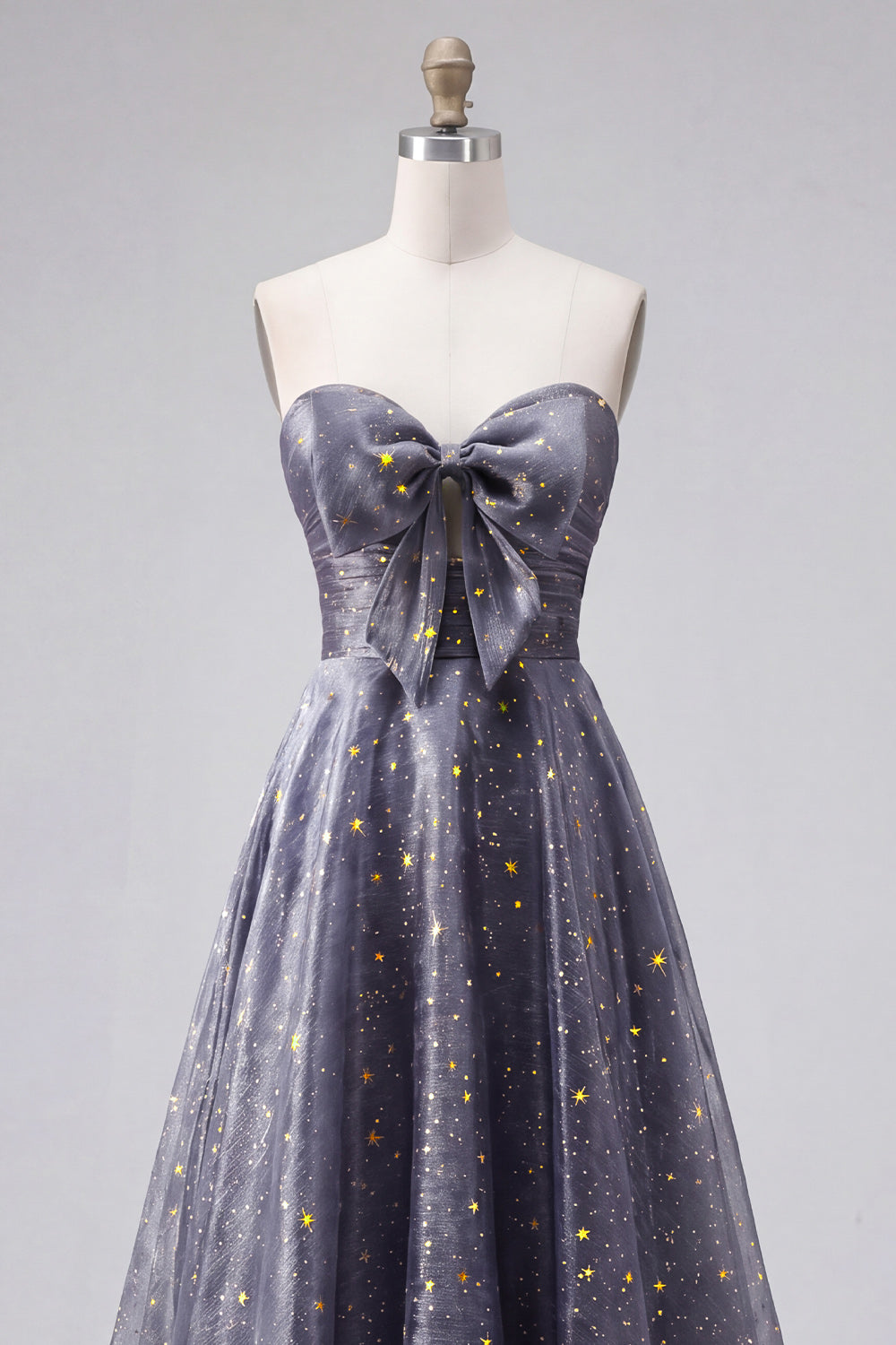 Strapless A Line Dusty Blue Long Glitter Prom Dress with Bow