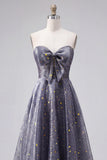 Strapless A Line Dusty Blue Long Glitter Prom Dress with Bow