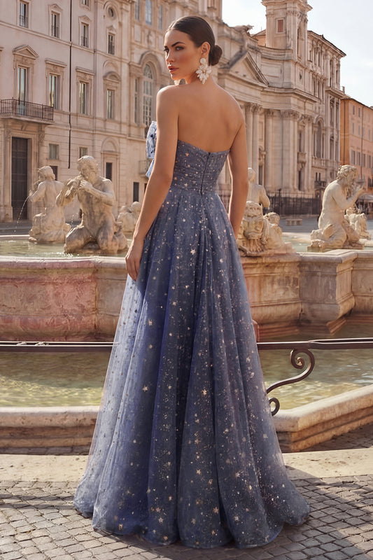 Strapless A Line Dusty Blue Long Glitter Prom Dress with Bow