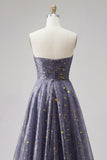 Strapless A Line Dusty Blue Long Glitter Prom Dress with Bow