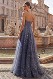 Strapless A Line Dusty Blue Long Glitter Prom Dress with Bow