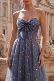 Strapless A Line Dusty Blue Long Glitter Prom Dress with Bow