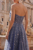 Strapless A Line Dusty Blue Long Glitter Prom Dress with Bow