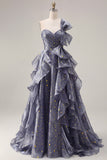 Ruffled Dusty Blue Long Ruched A Line Glitter One Shoulder Prom Dress with Bows