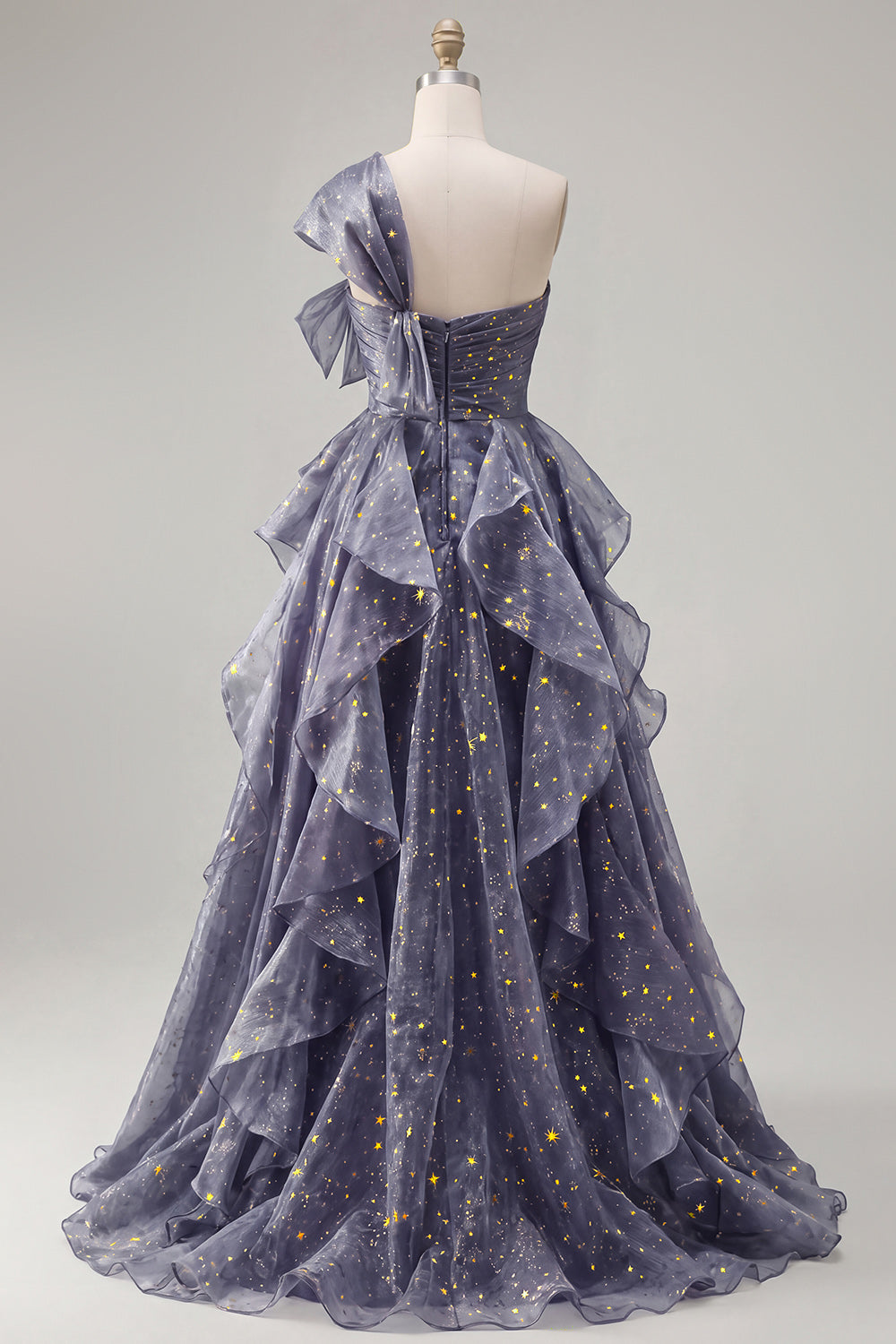 Ruffled Dusty Blue Long Ruched A Line Glitter One Shoulder Prom Dress with Bows