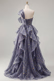 Ruffled Dusty Blue Long Ruched A Line Glitter One Shoulder Prom Dress with Bows