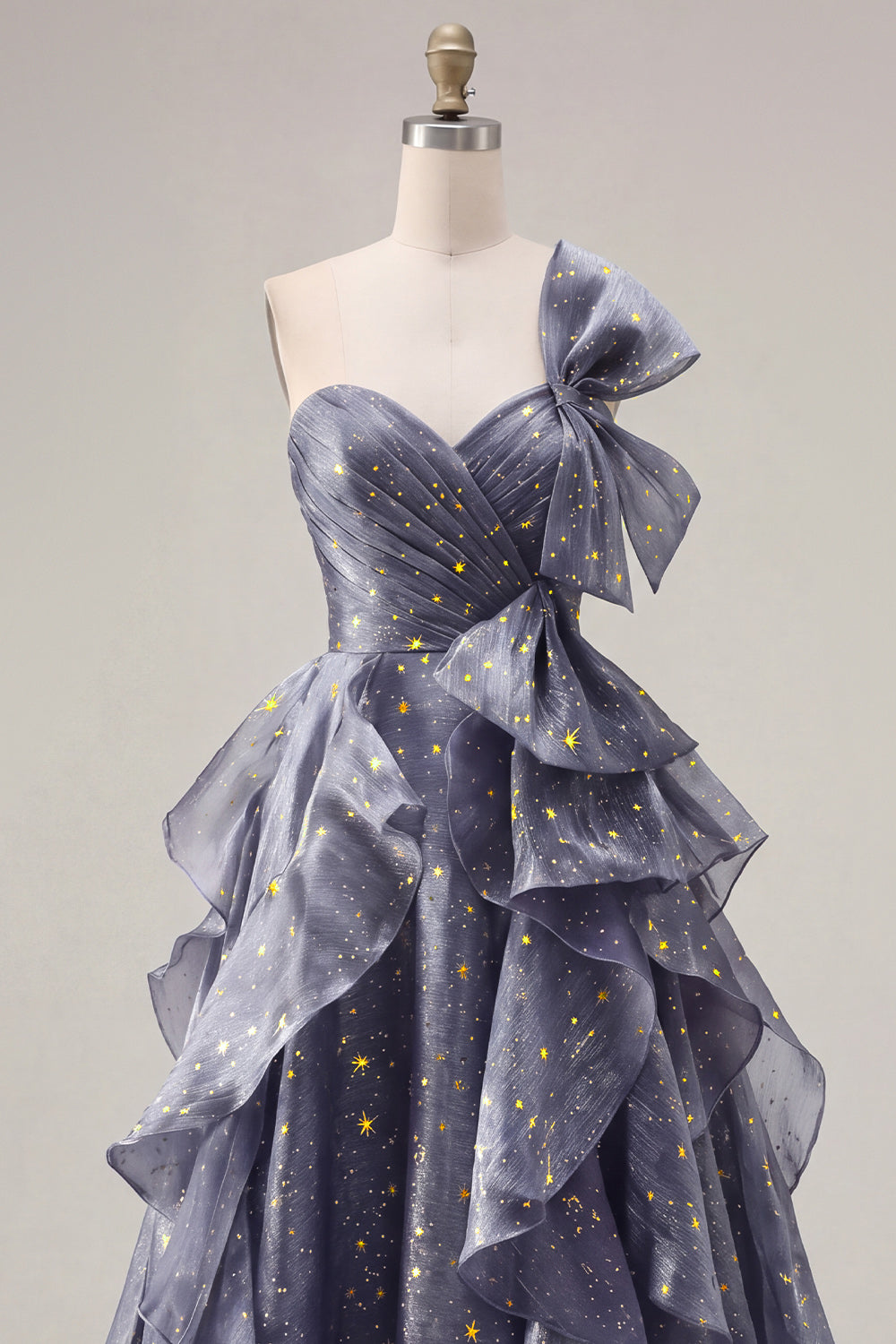 Ruffled Dusty Blue Long Ruched A Line Glitter One Shoulder Prom Dress with Bows