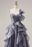 Ruffled Dusty Blue Long Ruched A Line Glitter One Shoulder Prom Dress with Bows