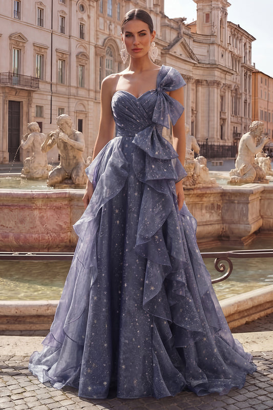Ruffled Dusty Blue Long Ruched A Line Glitter One Shoulder Prom Dress with Bows