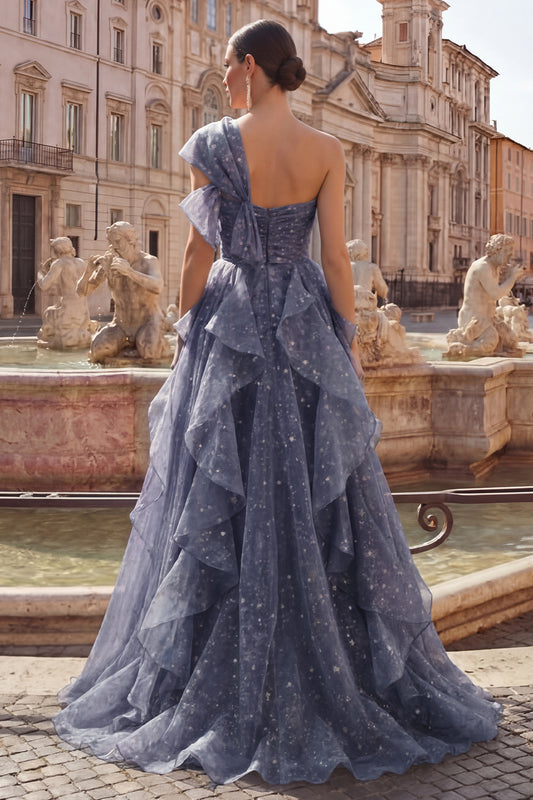 Ruffled Dusty Blue Long Ruched A Line Glitter One Shoulder Prom Dress with Bows
