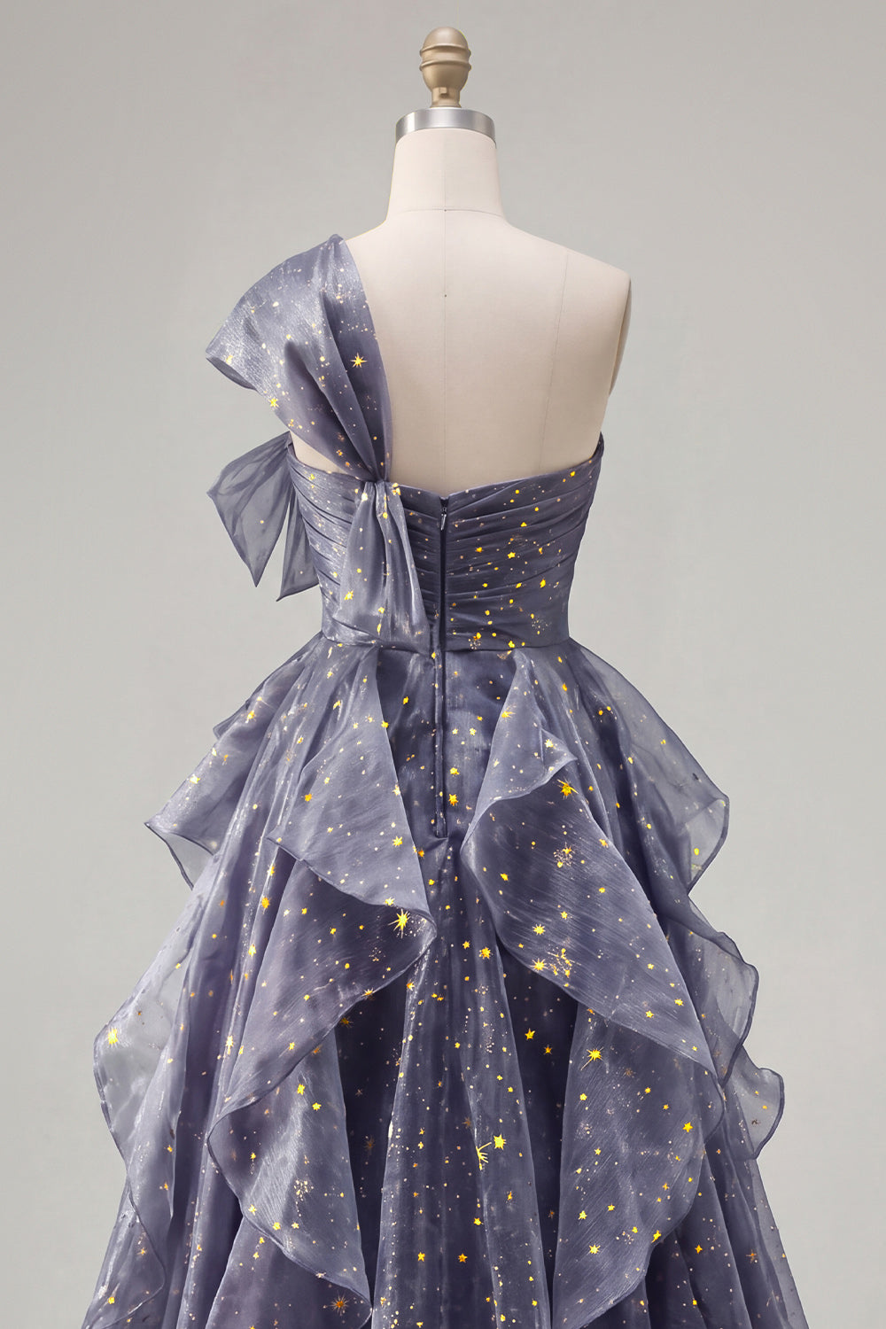 Ruffled Dusty Blue Long Ruched A Line Glitter One Shoulder Prom Dress with Bows