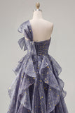 Ruffled Dusty Blue Long Ruched A Line Glitter One Shoulder Prom Dress with Bows