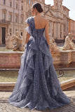 Ruffled Dusty Blue Long Ruched A Line Glitter One Shoulder Prom Dress with Bows