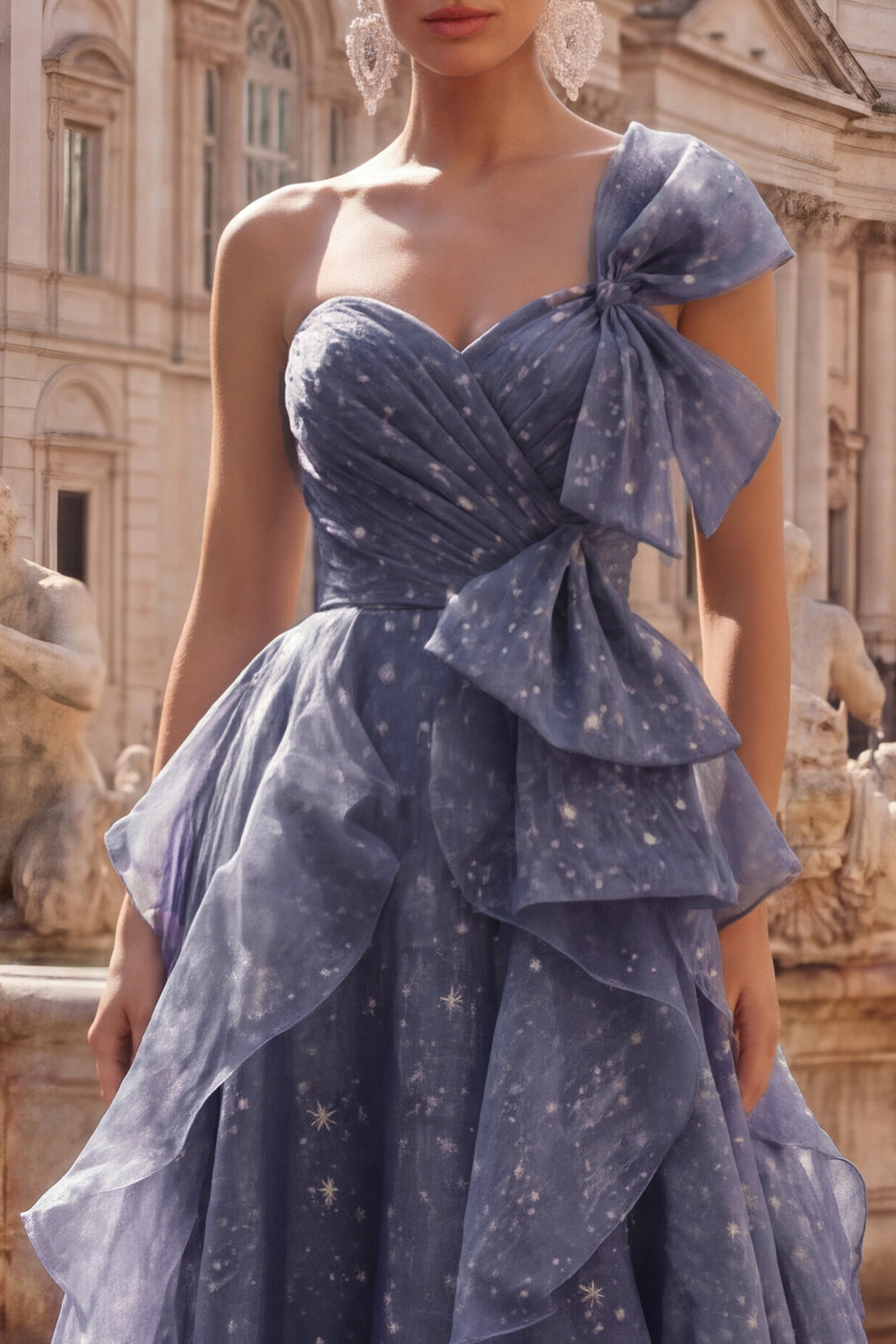 Ruffled Dusty Blue Long Ruched A Line Glitter One Shoulder Prom Dress with Bows