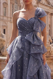 Ruffled Dusty Blue Long Ruched A Line Glitter One Shoulder Prom Dress with Bows
