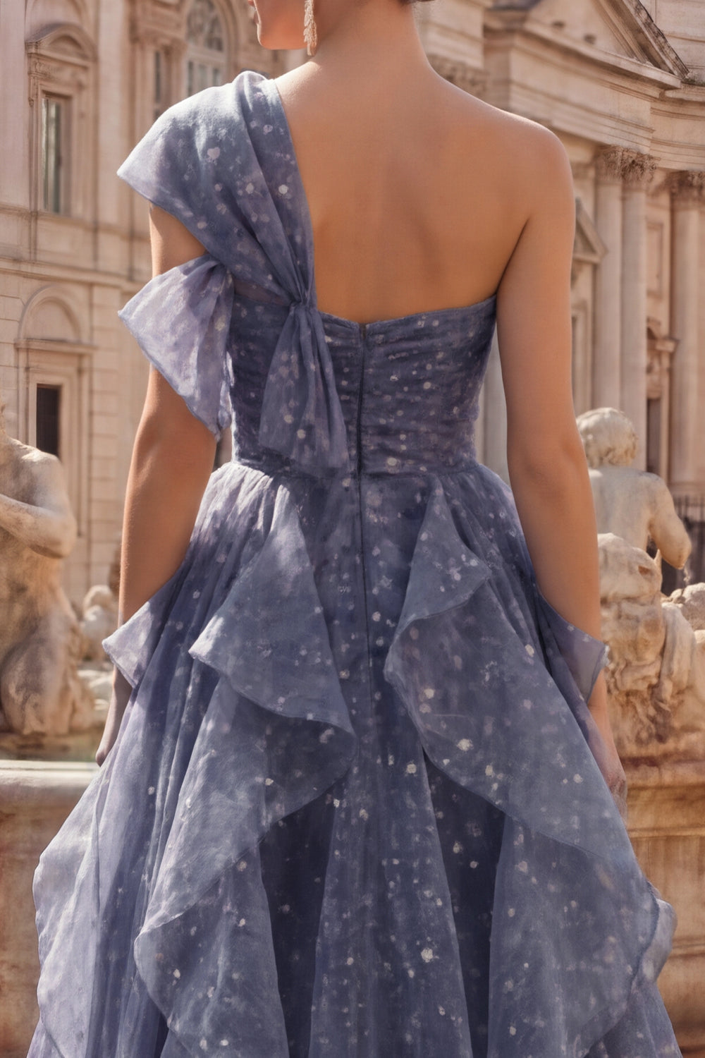 Ruffled Dusty Blue Long Ruched A Line Glitter One Shoulder Prom Dress with Bows