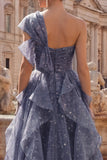 Ruffled Dusty Blue Long Ruched A Line Glitter One Shoulder Prom Dress with Bows