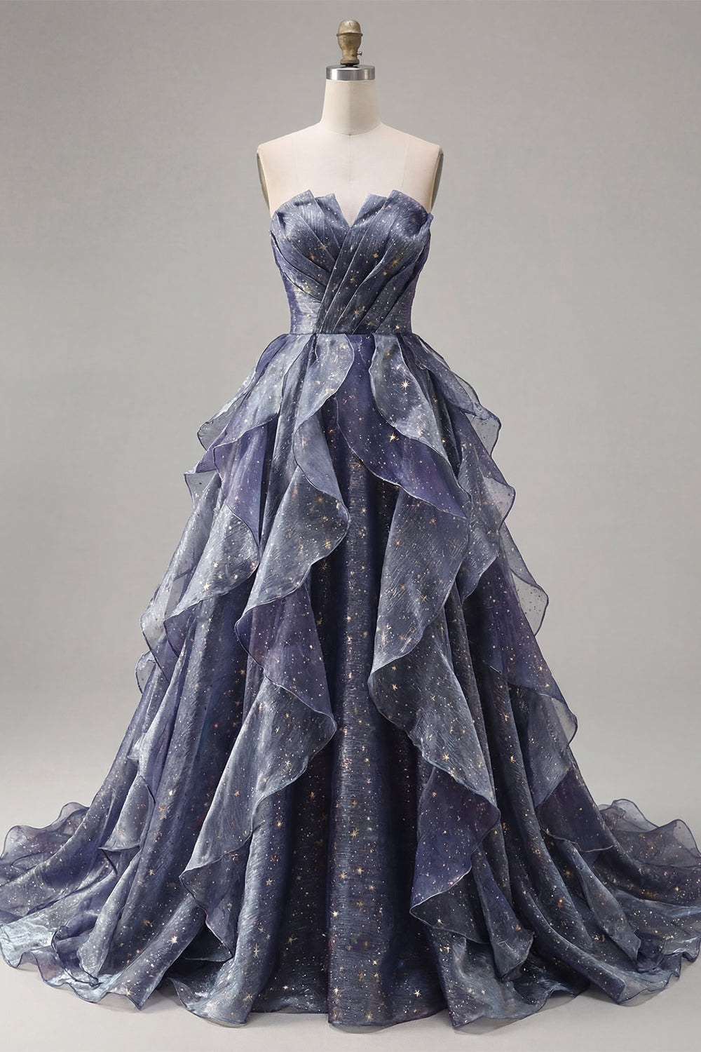 Dusty Blue Long Ruched A Line Glitter Strapless Prom Dress with Ruffles