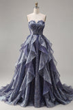 Dusty Blue Long Ruched A Line Glitter Strapless Prom Dress with Ruffles