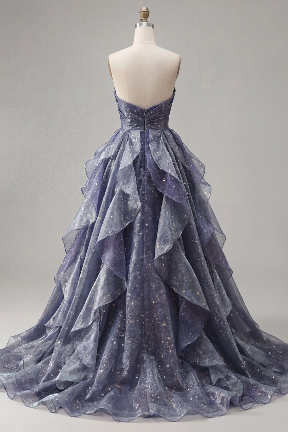 Dusty Blue Long Ruched A Line Glitter Strapless Prom Dress with Ruffles