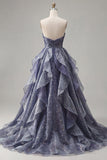 Dusty Blue Long Ruched A Line Glitter Strapless Prom Dress with Ruffles