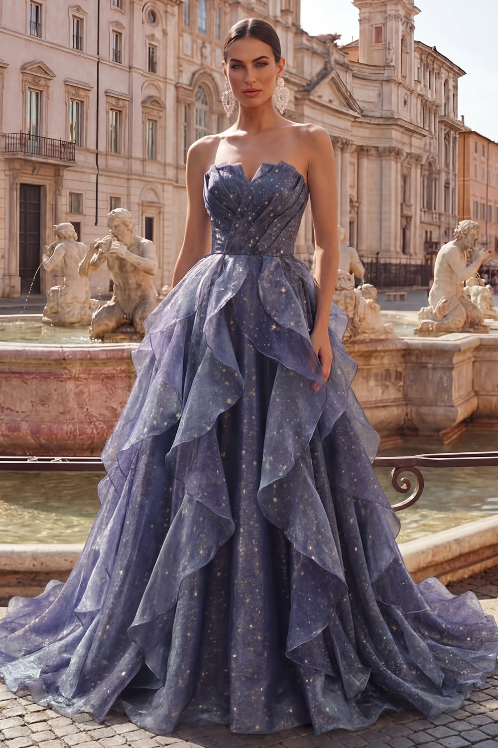 Dusty Blue Long Ruched A Line Glitter Strapless Prom Dress with Ruffles