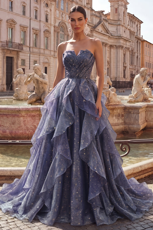 Dusty Blue Long Ruched A Line Glitter Strapless Prom Dress with Ruffles