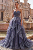 Dusty Blue Long Ruched A Line Glitter Strapless Prom Dress with Ruffles
