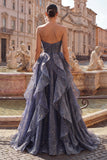Dusty Blue Long Ruched A Line Glitter Strapless Prom Dress with Ruffles