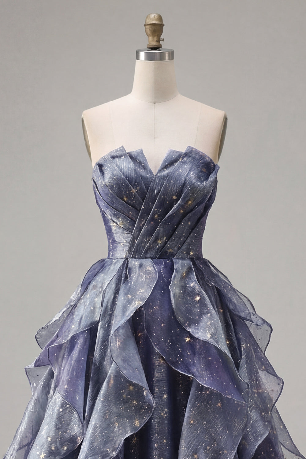 Dusty Blue Long Ruched A Line Glitter Strapless Prom Dress with Ruffles