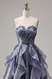 Dusty Blue Long Ruched A Line Glitter Strapless Prom Dress with Ruffles