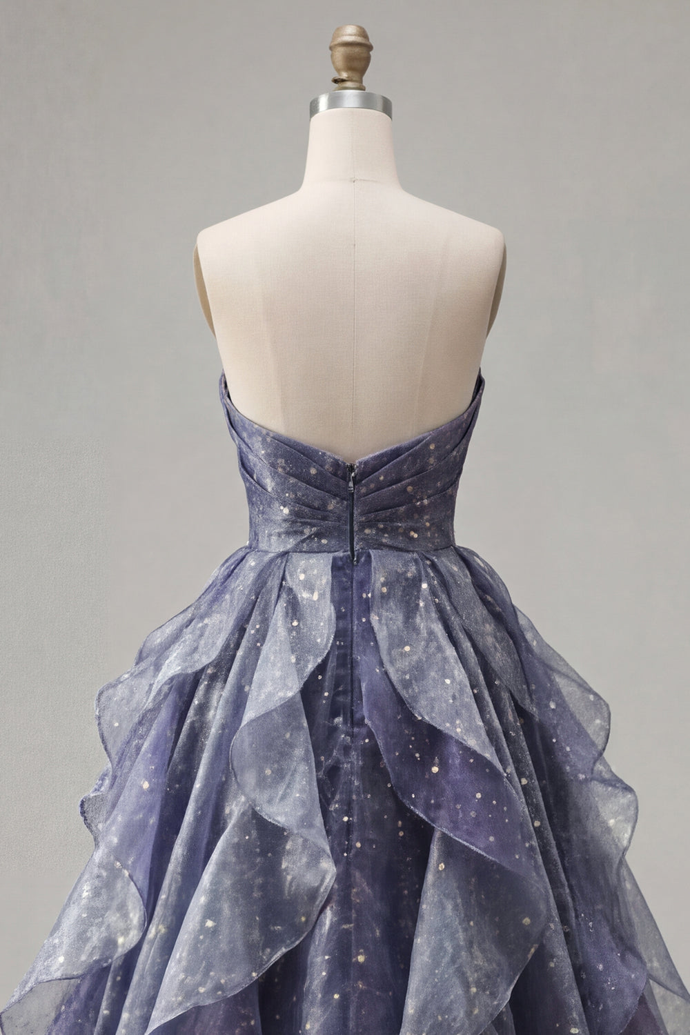 Dusty Blue Long Ruched A Line Glitter Strapless Prom Dress with Ruffles