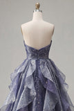 Dusty Blue Long Ruched A Line Glitter Strapless Prom Dress with Ruffles