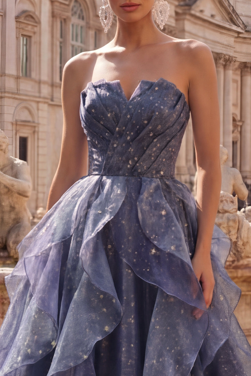 Dusty Blue Long Ruched A Line Glitter Strapless Prom Dress with Ruffles
