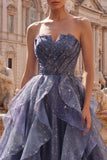 Dusty Blue Long Ruched A Line Glitter Strapless Prom Dress with Ruffles