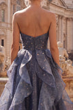 Dusty Blue Long Ruched A Line Glitter Strapless Prom Dress with Ruffles