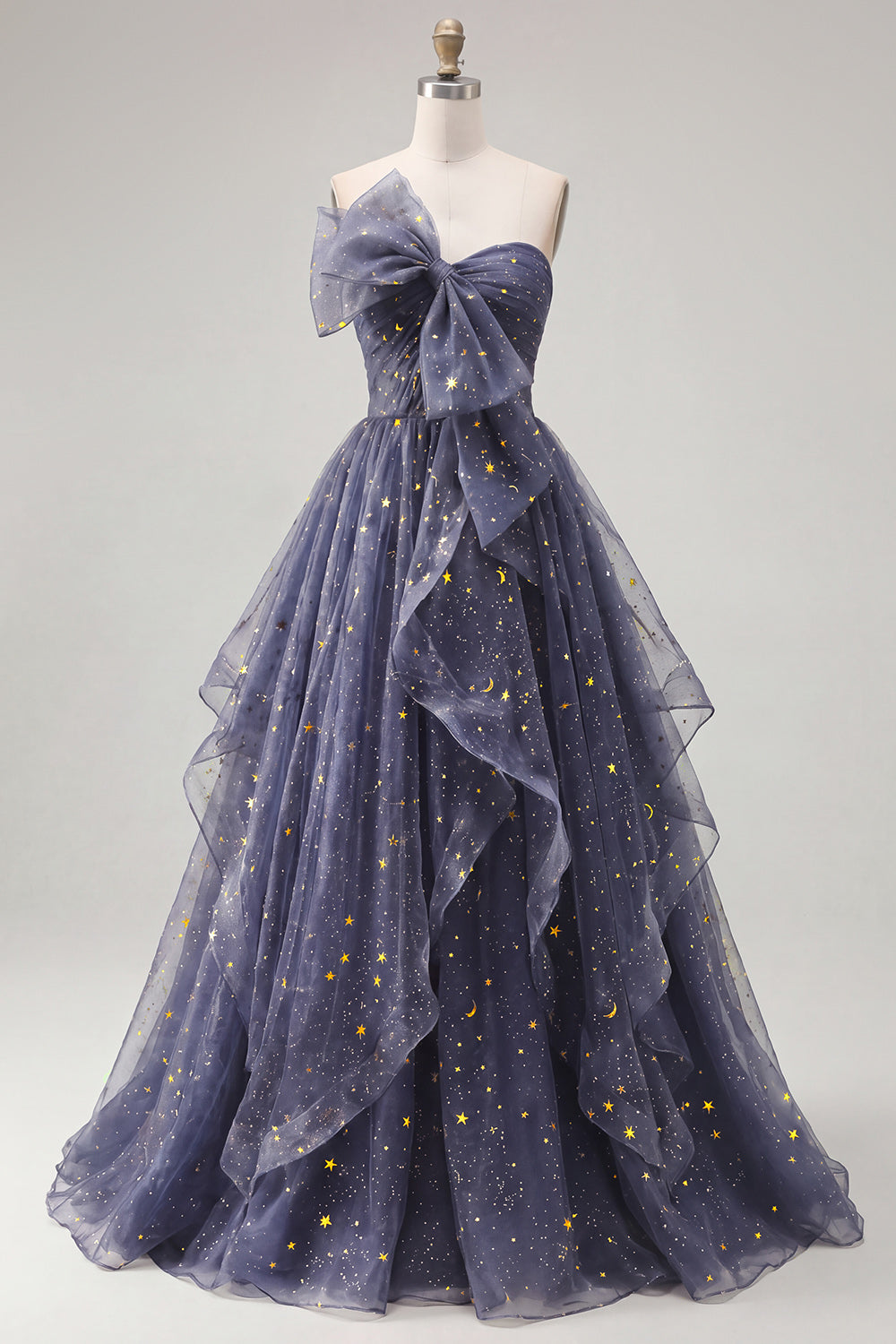 A Line Glitter Ruffled Dusty Blue Long Strapless Prom Dress with Bow